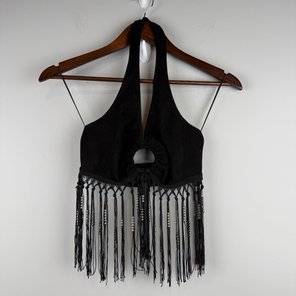 Western Beaded Fringe Halter Crop Top Women Small Black Faux Suede Festival Boho